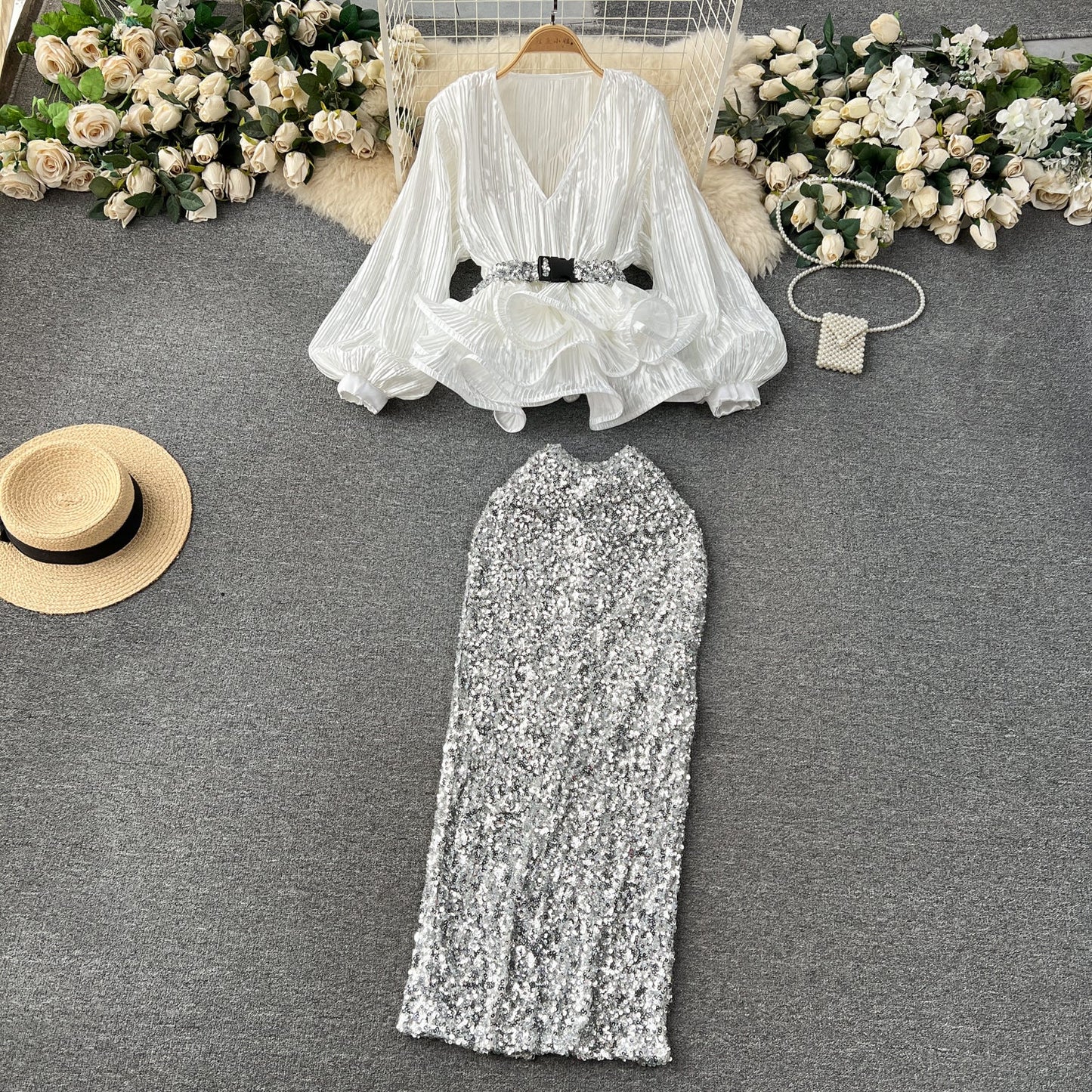 Glam Ruffle Blouse & Sequin Skirt Ensemble