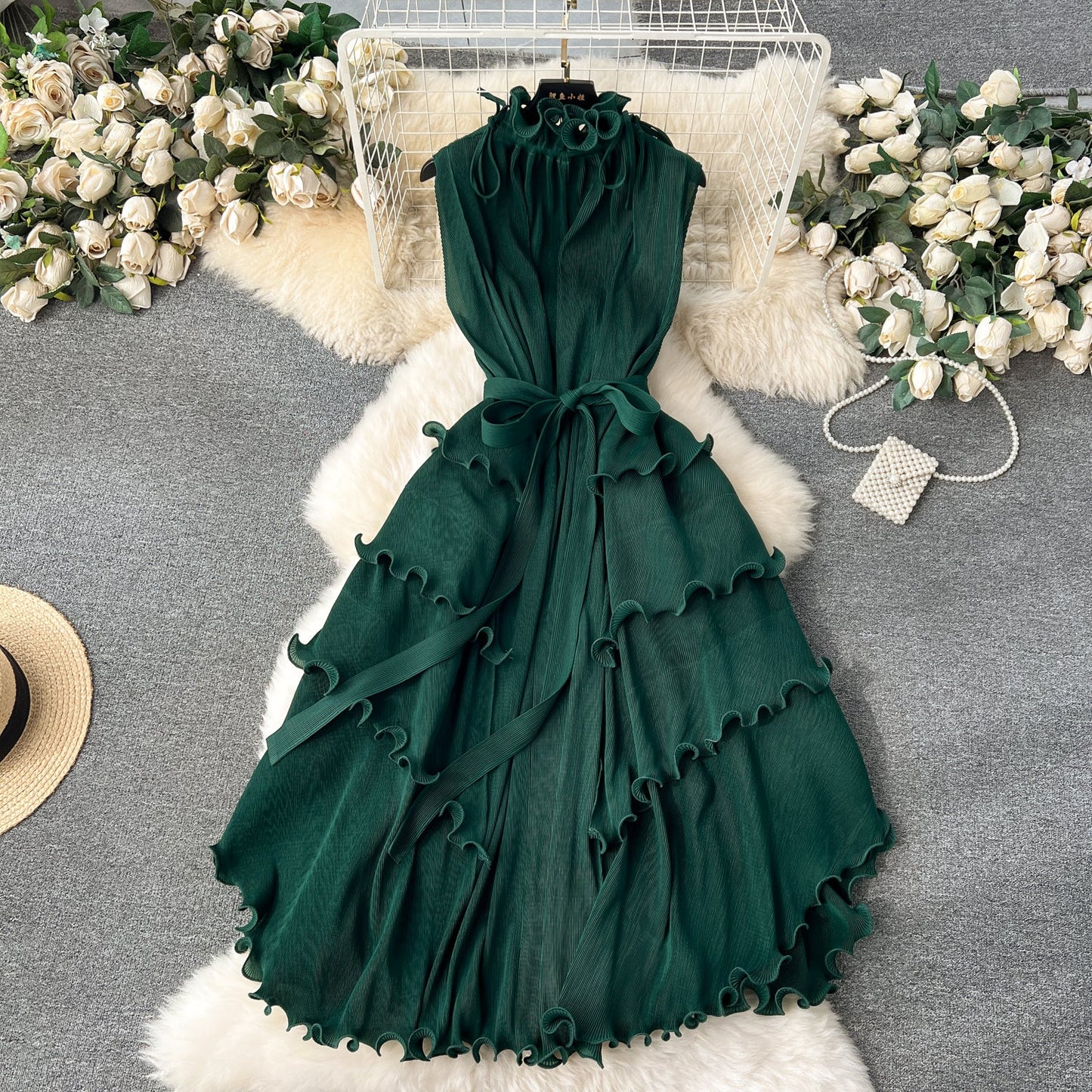 Solid Color Ruffled Sleeveless Dress