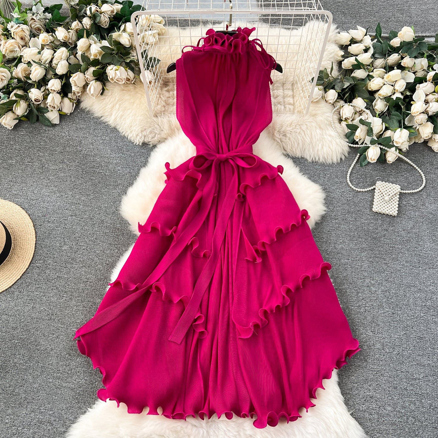 Solid Color Ruffled Sleeveless Dress