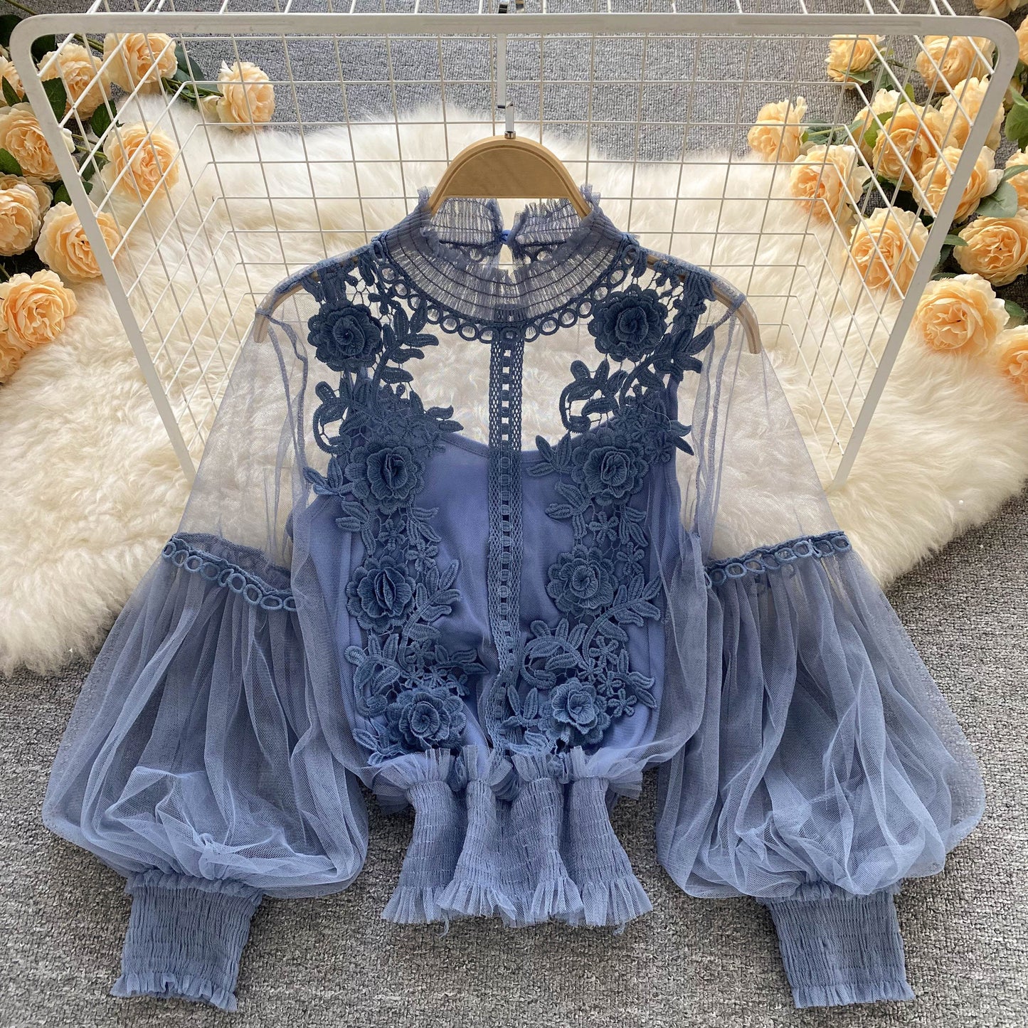 Ethereal Mesh Lantern-Sleeve Blouse