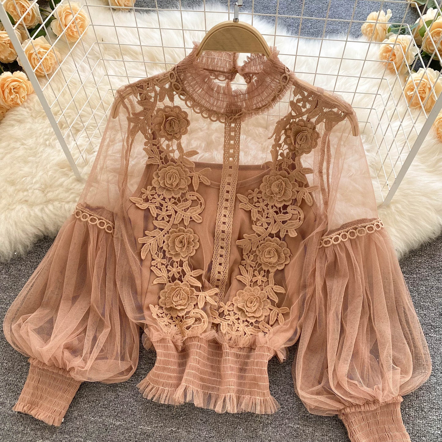 Ethereal Mesh Lantern-Sleeve Blouse