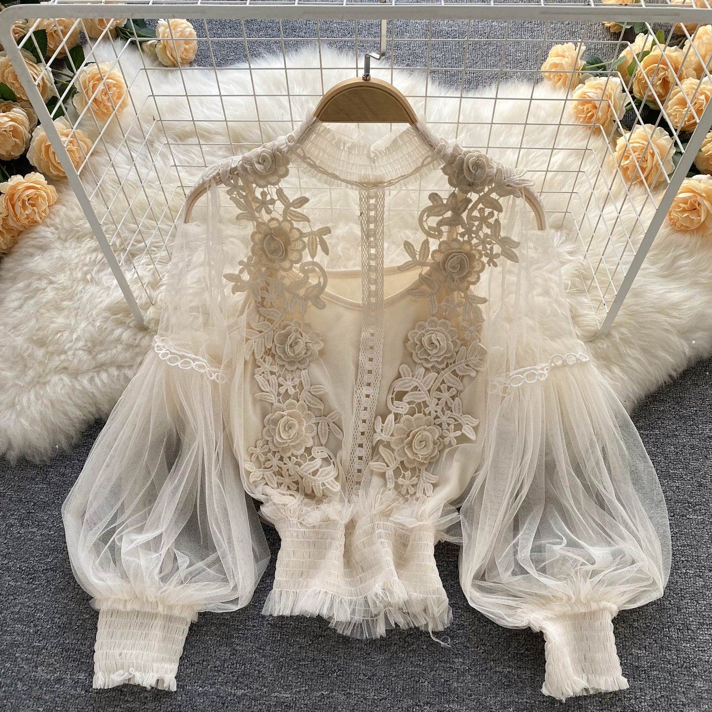 Ethereal Mesh Lantern-Sleeve Blouse