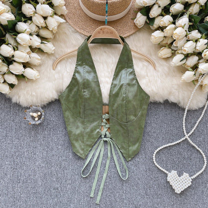 PU Leather Lace-up Backless Vest