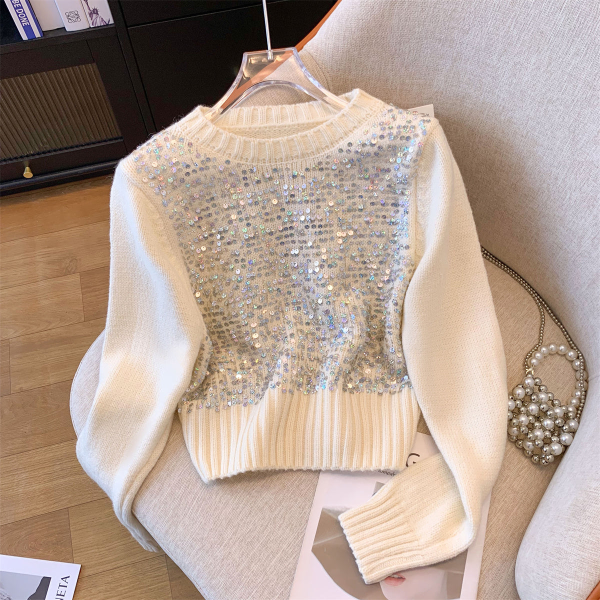 Elegant Sequined Short Pullover Knitwear