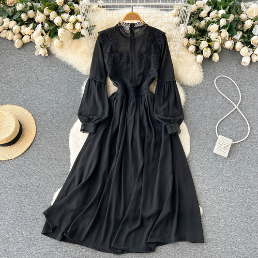 French Style Lace Patchwork Black Dress
