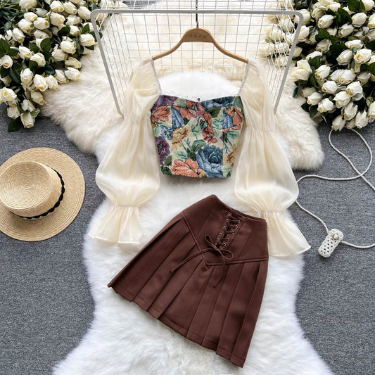 Bubble Sleeve Top & Pleated Skirt Set