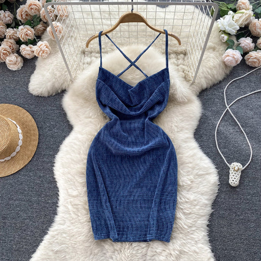 True Navy Crisscross Strap Slip Dress