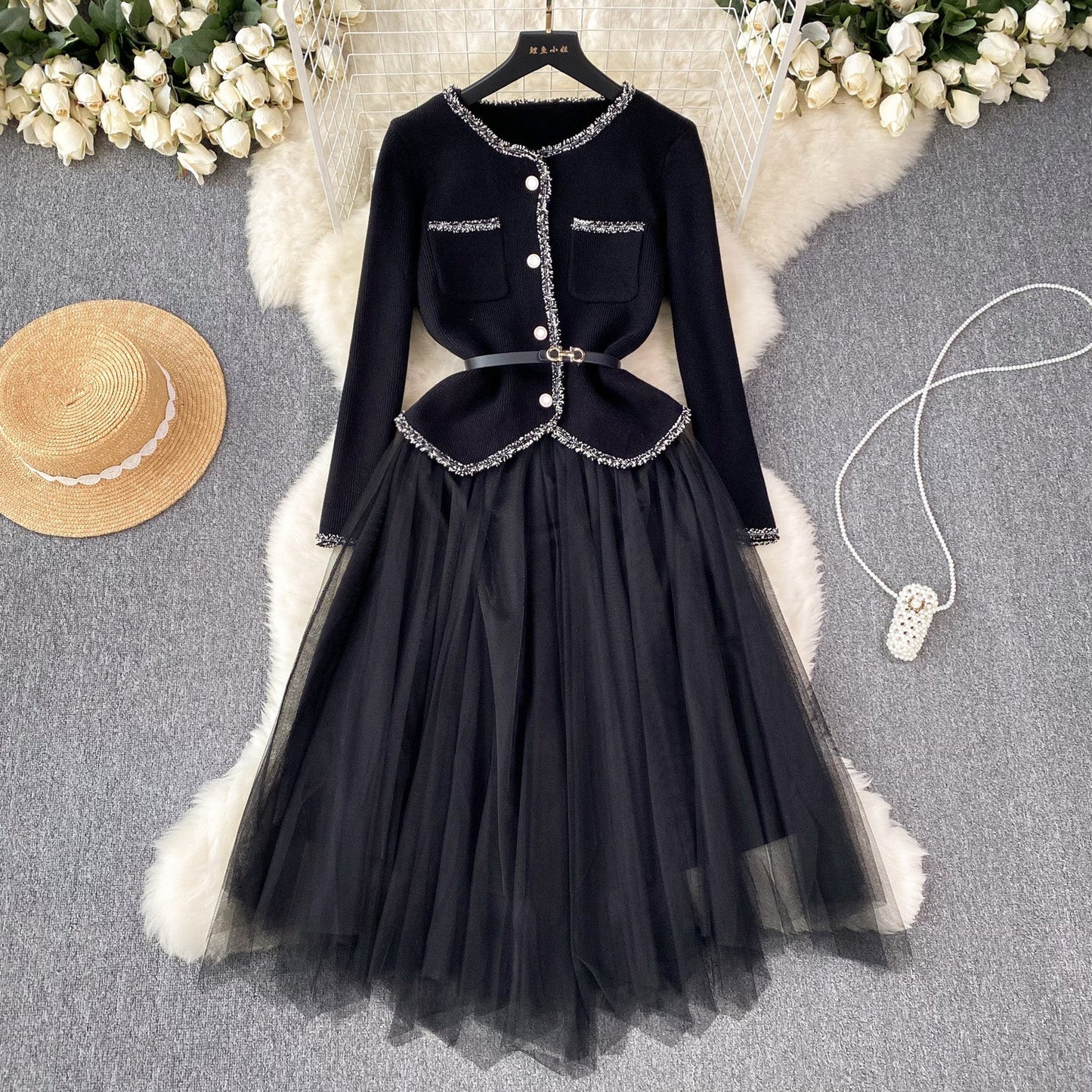 Elegant Cardigan&Slip Mesh Dress 2Pcs