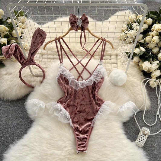 Sexy Pink Rabbit Girl Velvet Jumpsuit