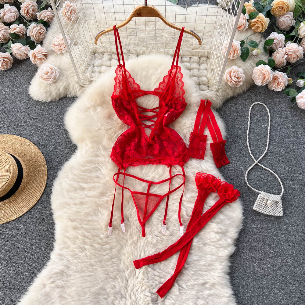 Red Lace Hollowed See-through Jumpsuit