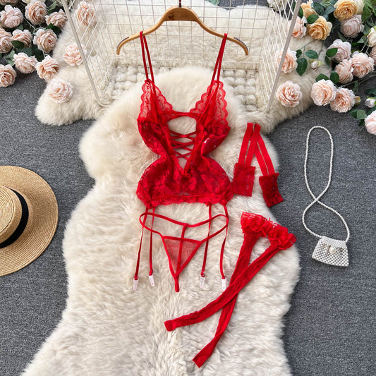Red Lace Hollowed See-through Jumpsuit