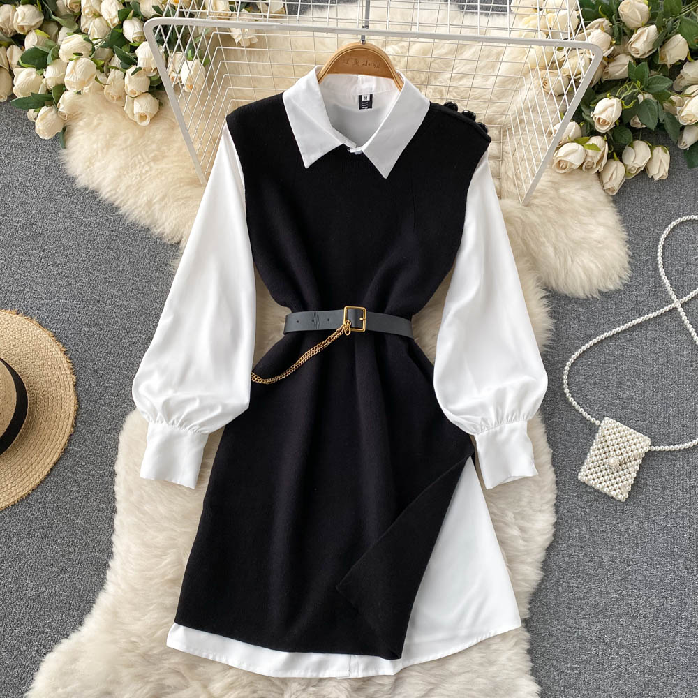 Niche White Shirt&Knitted Waistcoat Dress 2PCS