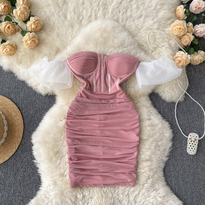 Chic Pleated Mesh Strapless Dress
