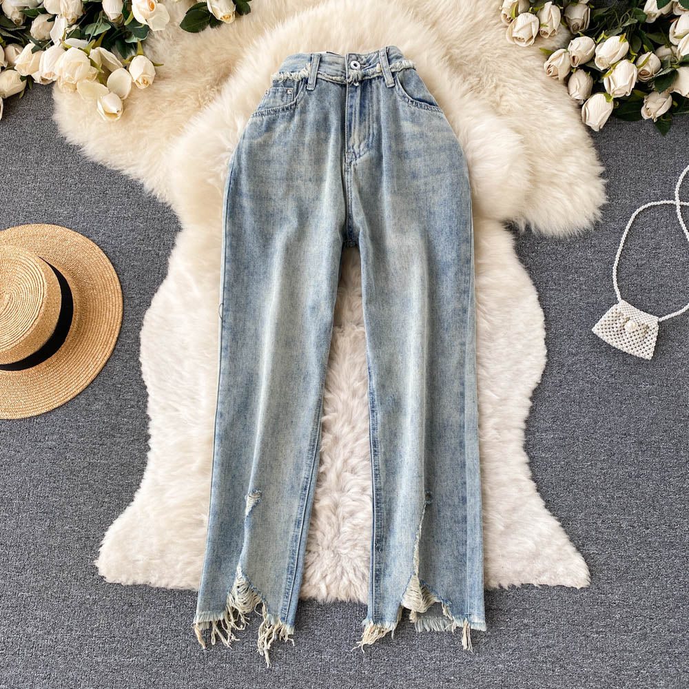 Vintage Loose Straight Ruffle Jeans