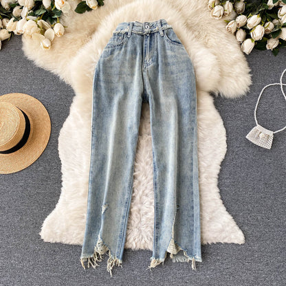 Vintage Loose Straight Ruffle Jeans