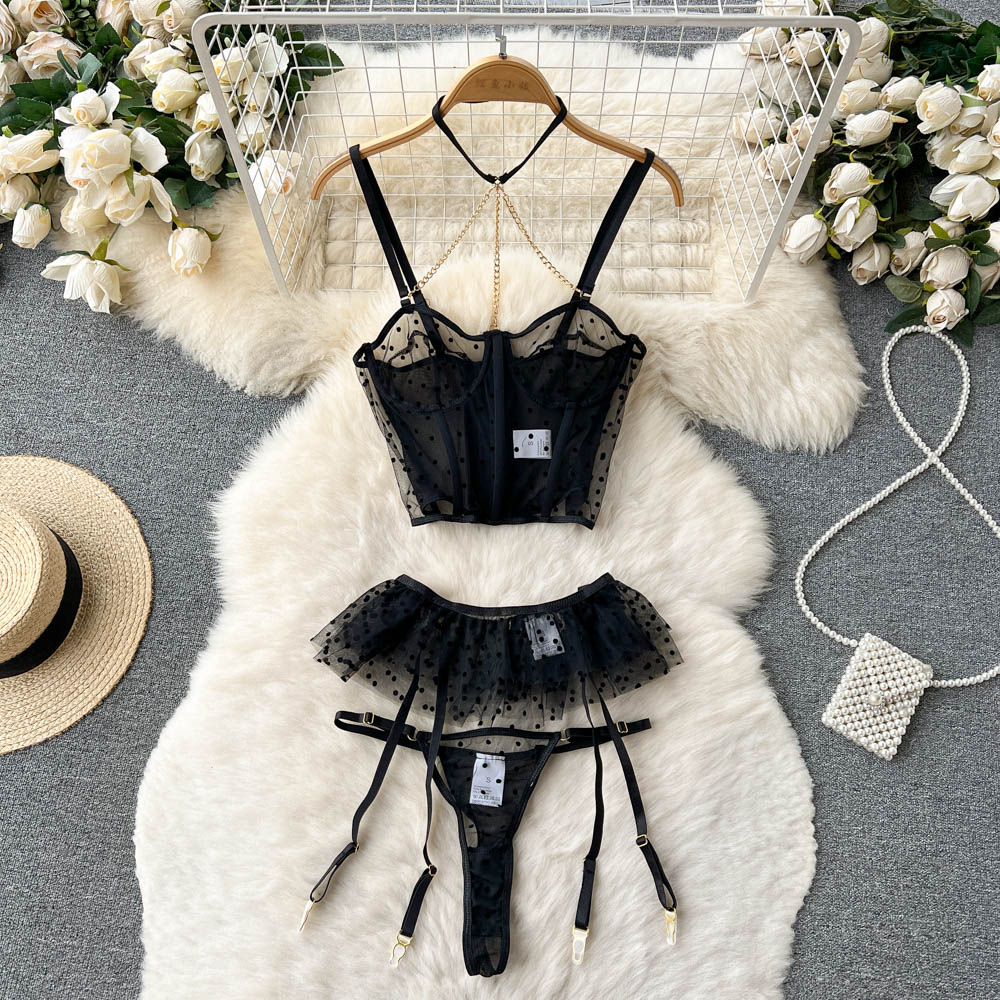 Black Mesh Polka-dot Lingerie 3Pcs