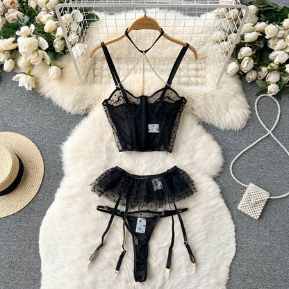 Black Mesh Polka-dot Lingerie 3Pcs