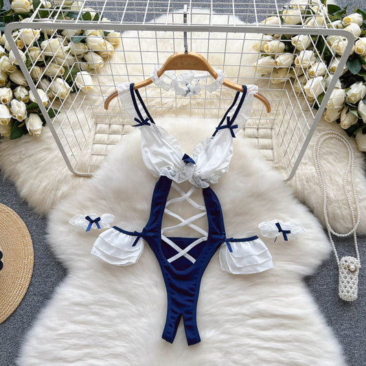 Maid-Themed Panel Lace-Up Romper