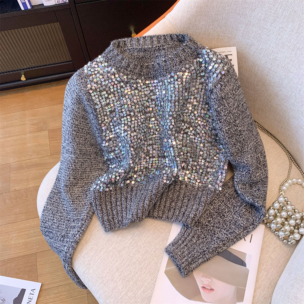 Elegant Sequined Short Pullover Knitwear