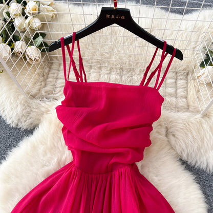 Red Pleated Midi Party Dress