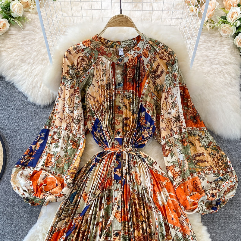Round Collar Floral Printed Satin Dress