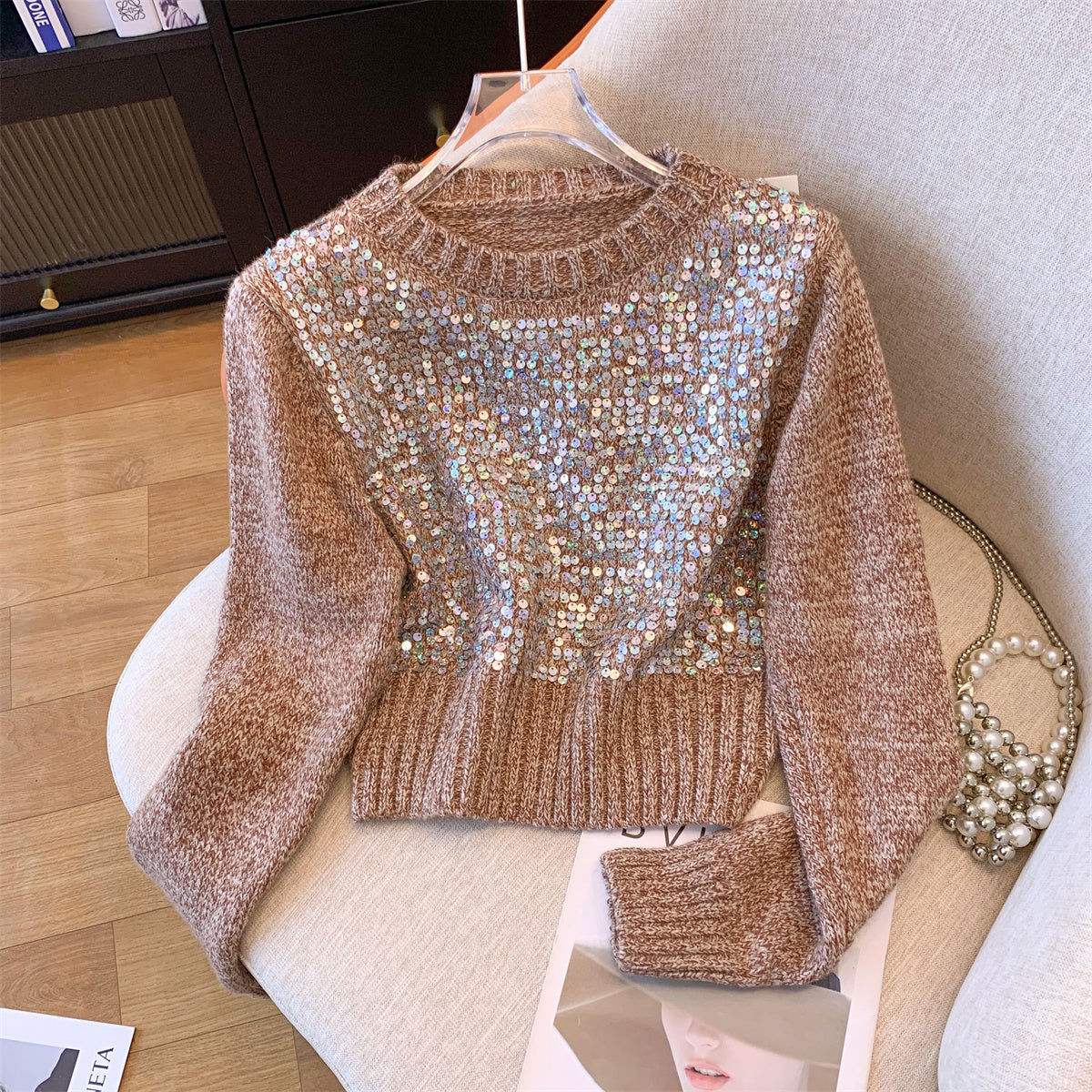 Elegant Sequined Short Pullover Knitwear