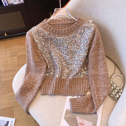 Elegant Sequined Short Pullover Knitwear