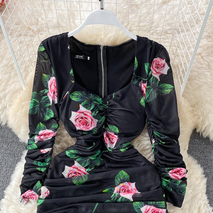 Square Neck Printed Mesh Dress