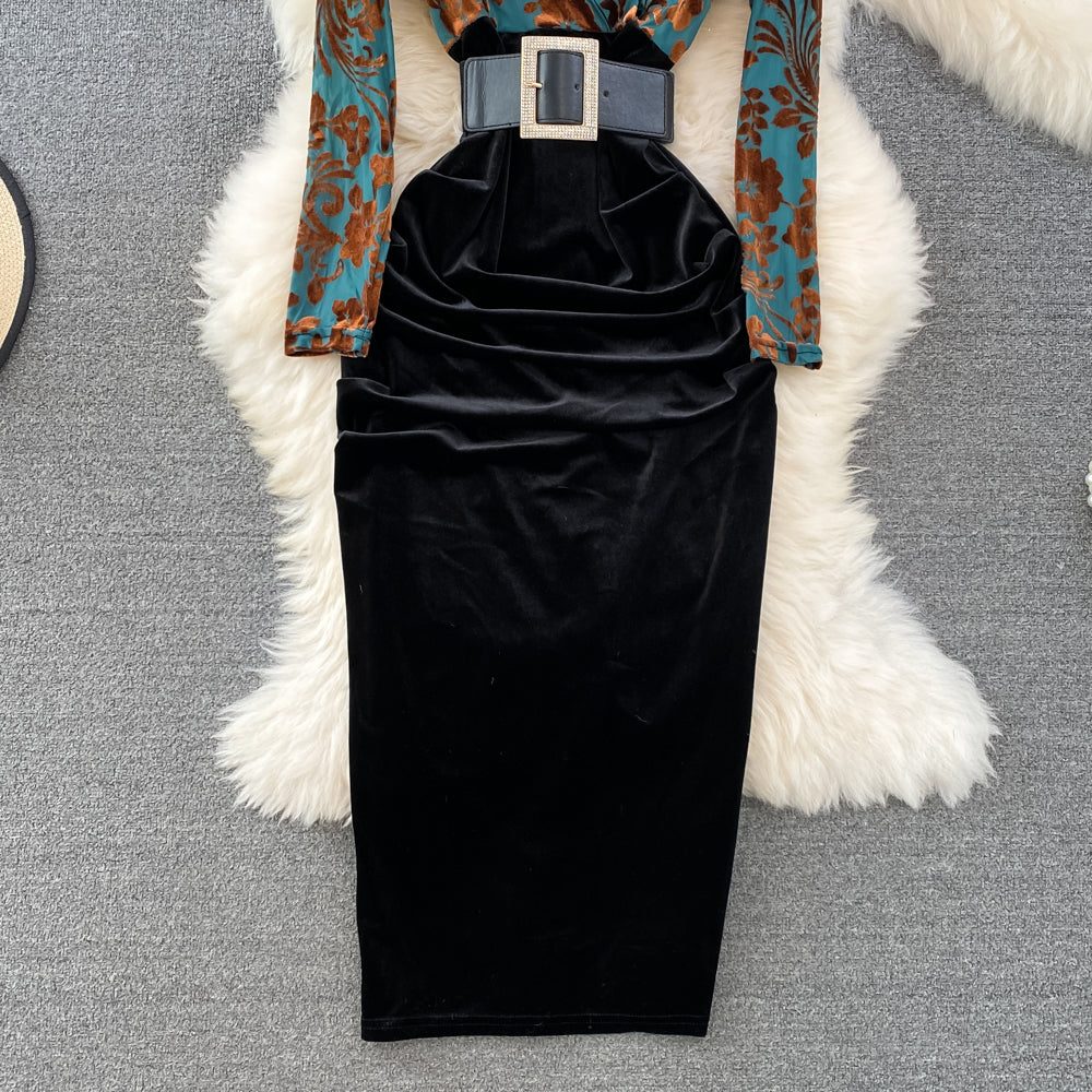 Printed Pleated Faux Two-piece Dress