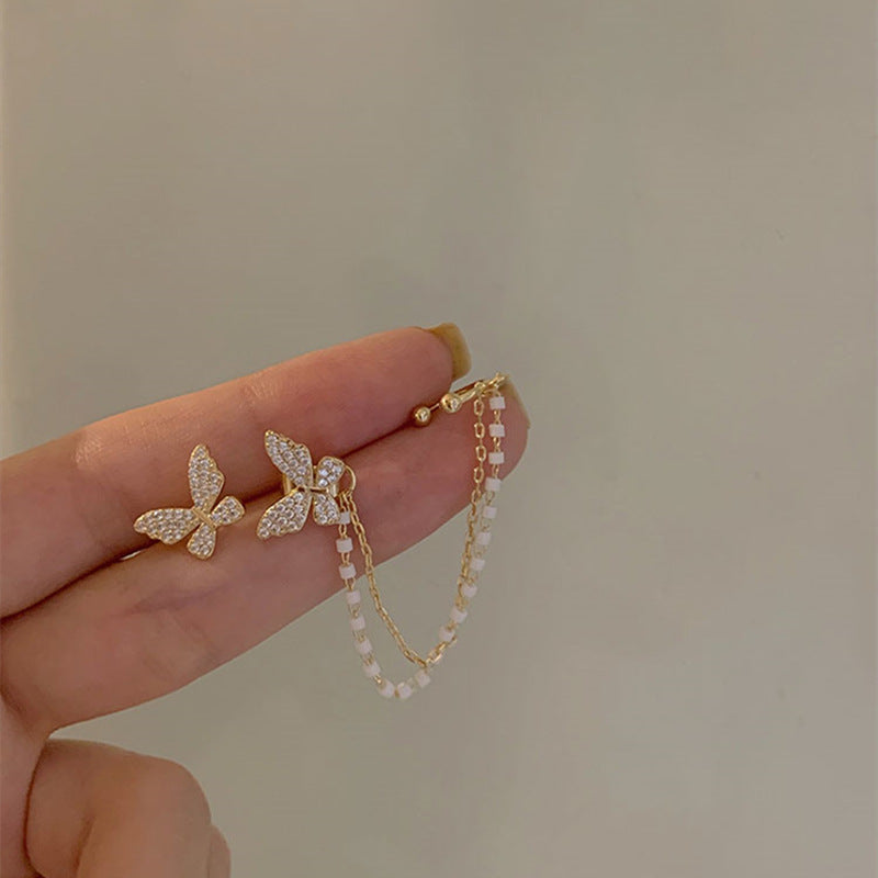 Diamond-studded Bow Tassel Earrings