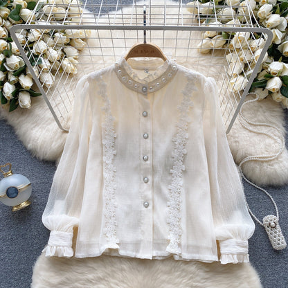 Courtly Long-sleeve Embroidery Lace Blouse