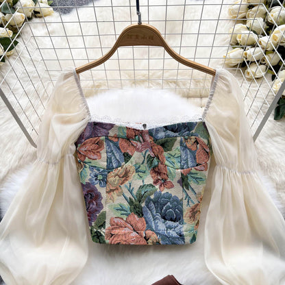 2pcs Bubble-sleeve Top with Pleated Skirt