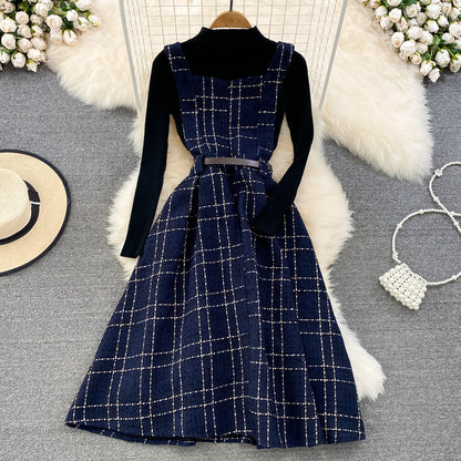 Bottoming Sweater&Plaid Tweed Dress 2Pcs