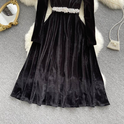Black Gold Velvet Lace Stitching Dress