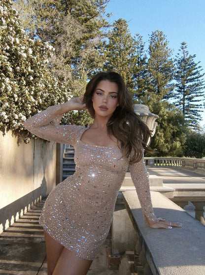 Glossy Square Neckline Sequined Dress