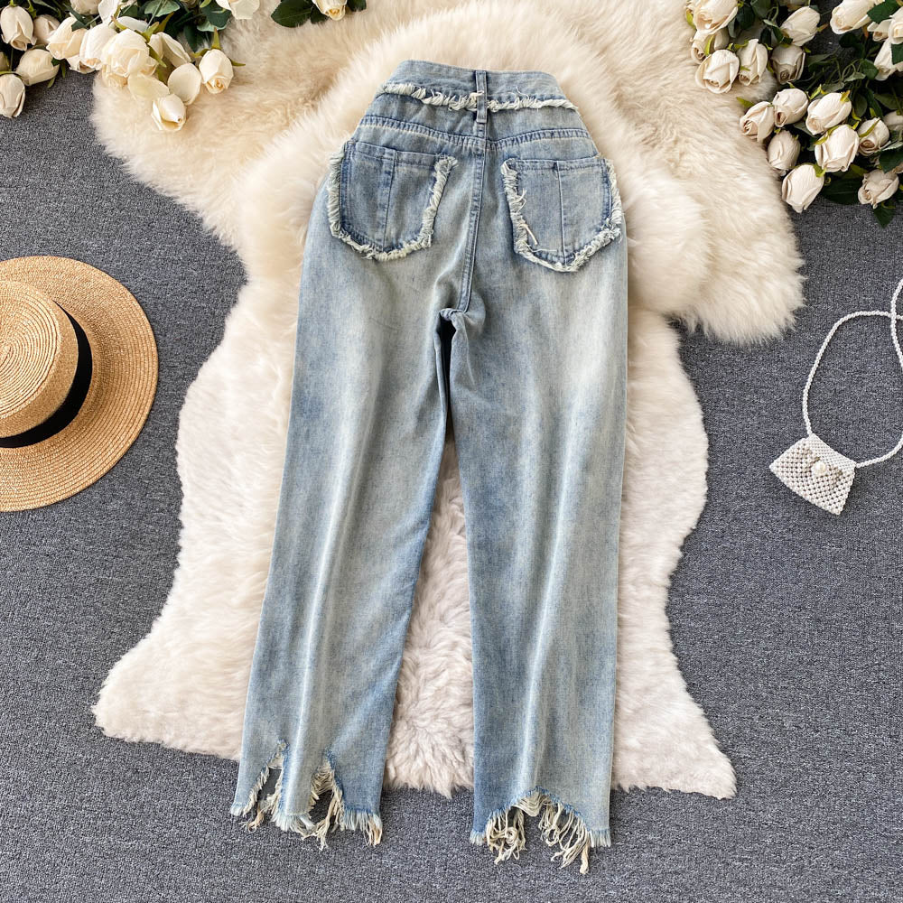 Vintage Loose Straight Ruffle Jeans