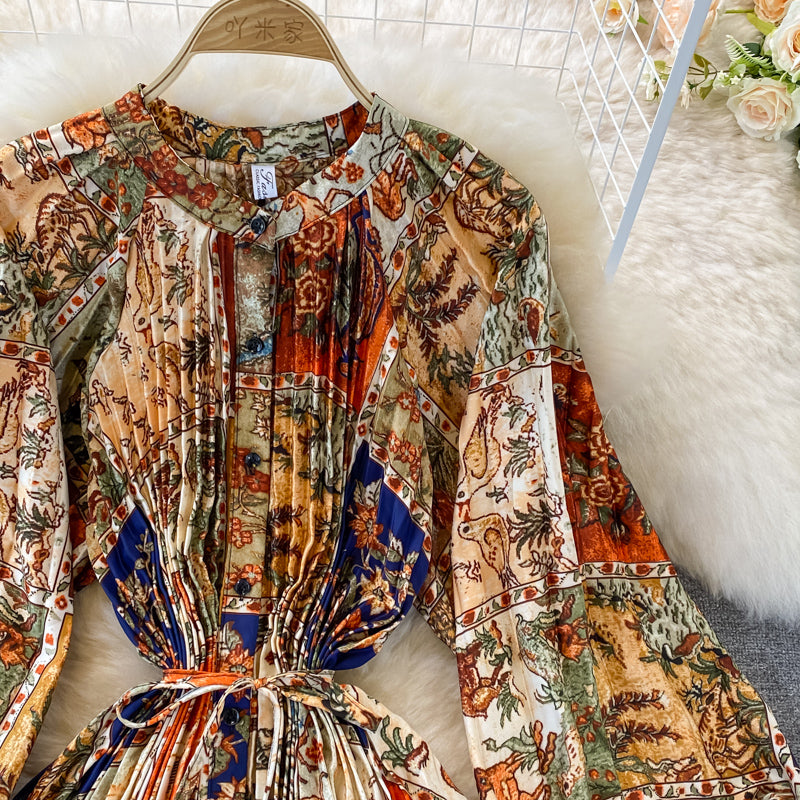 Round Collar Floral Printed Satin Dress