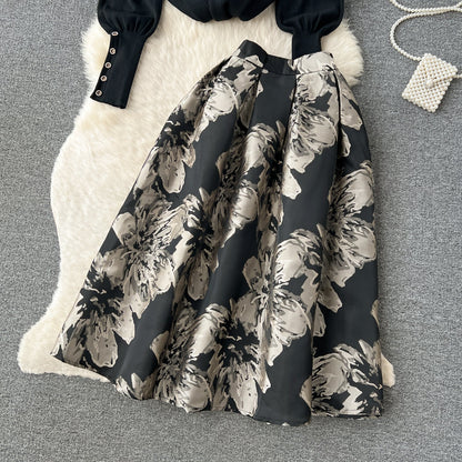 Elegant Knit Floral Jacquard Skirt Set
