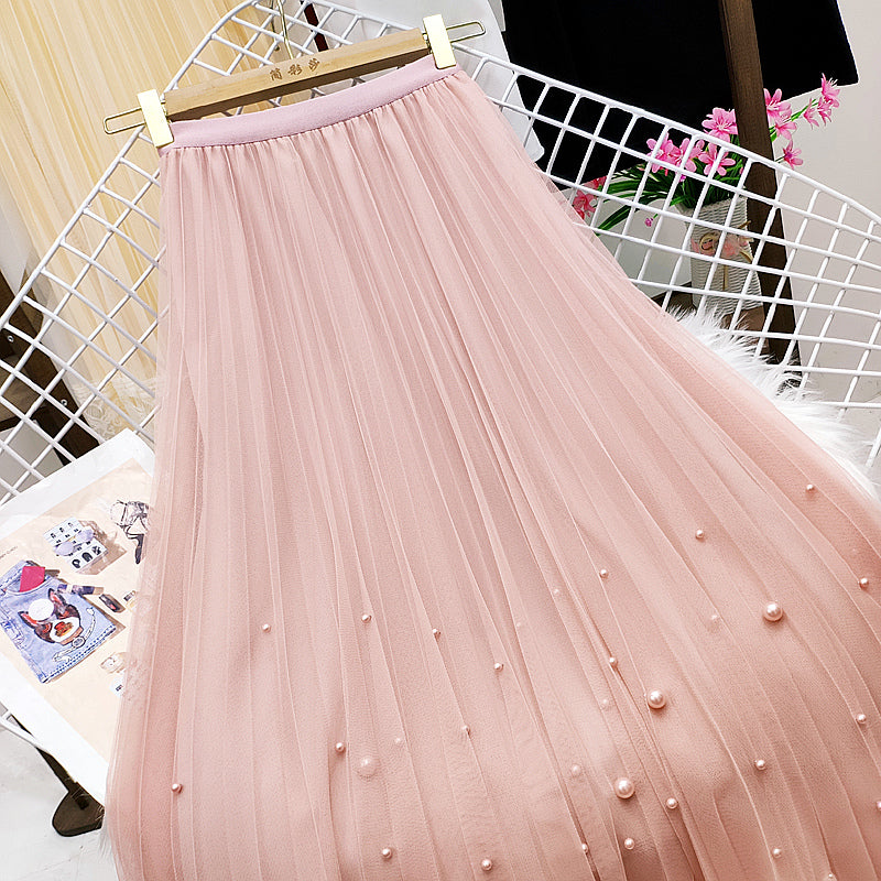 French Retro Beaded Mesh Skirt