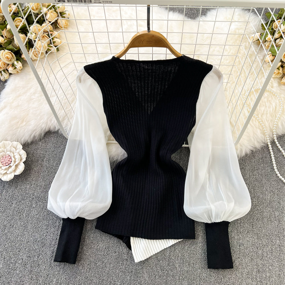 Color Blocking V-neck Patchwork Knitwear