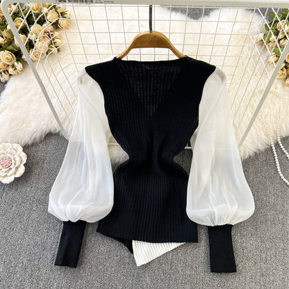 Color Blocking V-neck Patchwork Knitwear