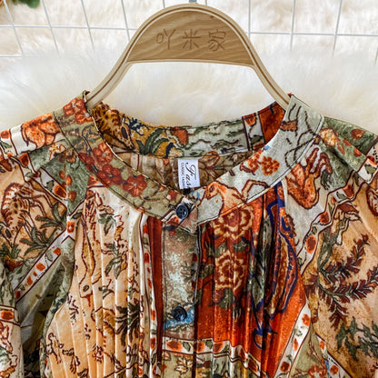 Round Collar Floral Printed Satin Dress