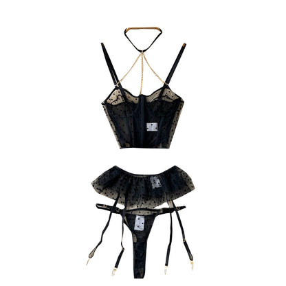 Black Mesh Polka-dot Lingerie 3Pcs