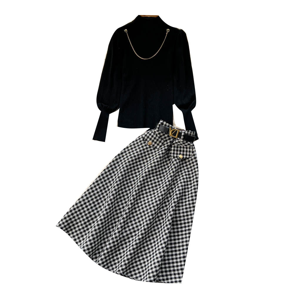 Ensemble 2 pièces pull à col roulé et jupe écossaise