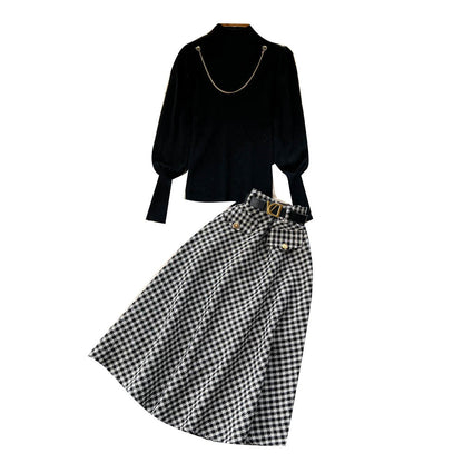 Ensemble 2 pièces pull à col roulé et jupe écossaise