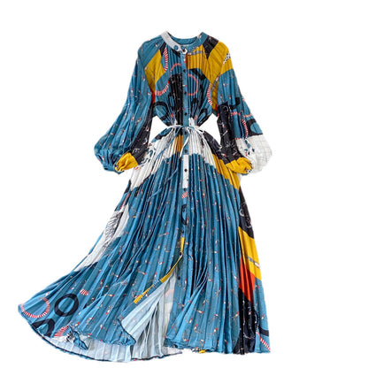 Round Collar Floral Printed Satin Dress