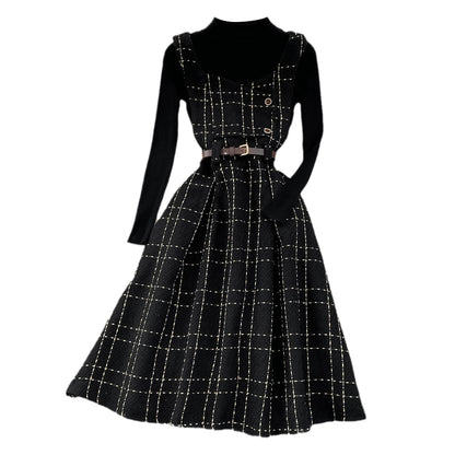 Bottoming Sweater&Plaid Tweed Dress 2Pcs