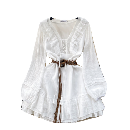 Sweetie Lace-up Ruffled White Dress