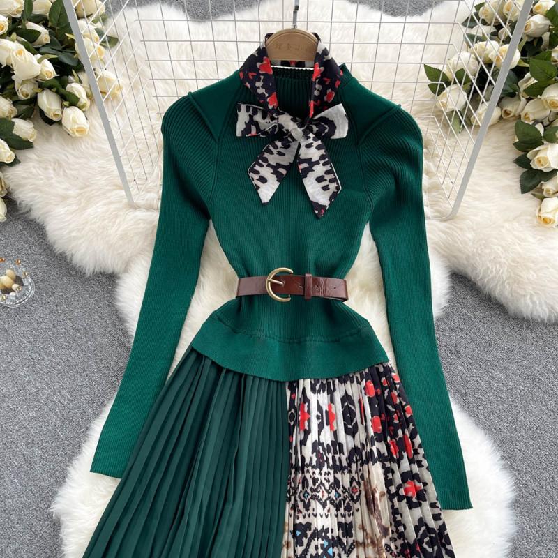 Knitted Long-sleeved Fake Two-piece Dress