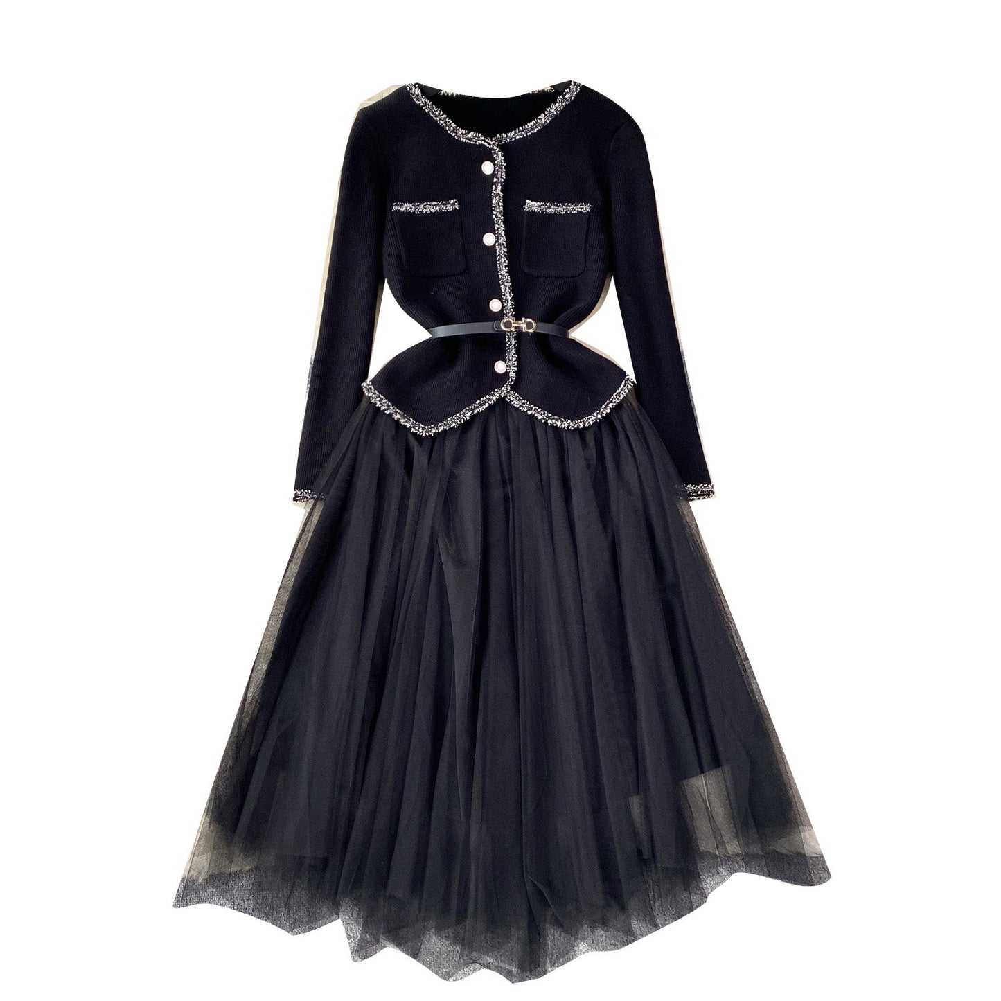 Elegant Cardigan&Slip Mesh Dress 2Pcs